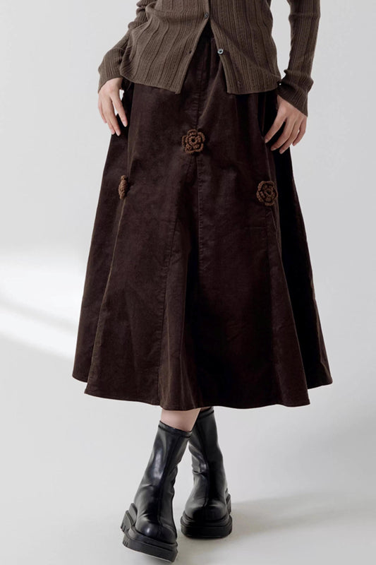 Three-Dimensional Floral Corduroy Skirt