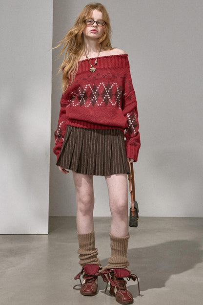 Thick Knit Argyle Off-Shoulder Top