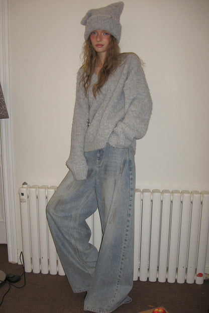 Gray Knit V-Neck Sweater Hat Set