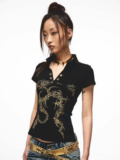 Back Open Gold Print Ribbon T-shirt