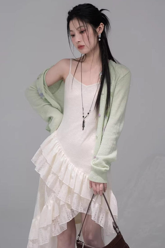 Flowing White Ruffle Dress Set-Up