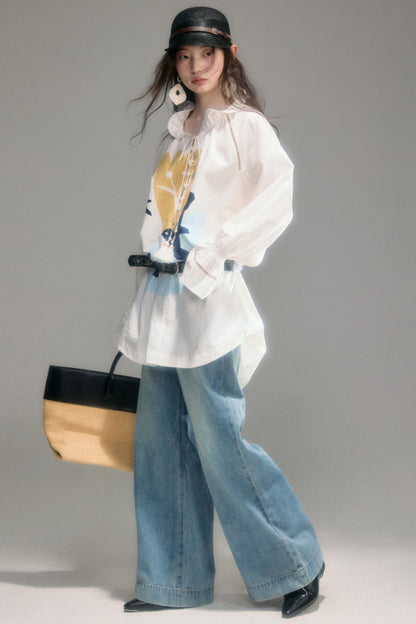 Tulip Bird Print Wood Ear Collar Long Top