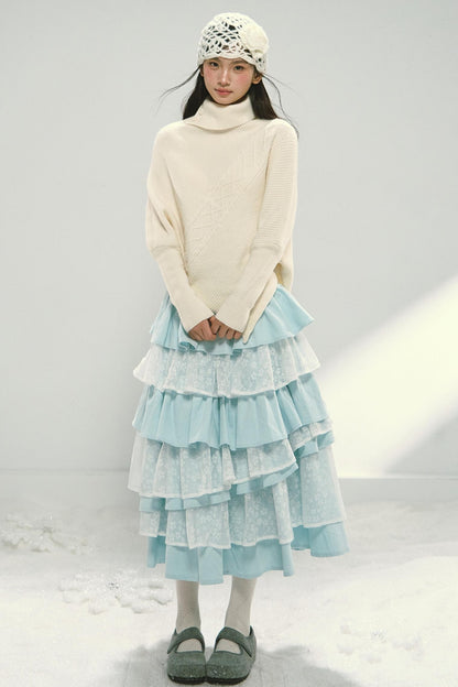 Mint Blue Lace Patchwork Puffy Skirt