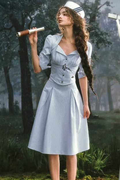 French Old Money Blue Shirt Skirt Set-Up