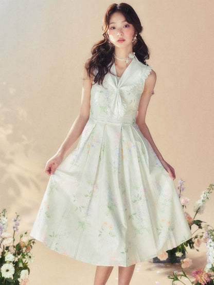 Frills Sailor Collar Floral Sleeveless Dress