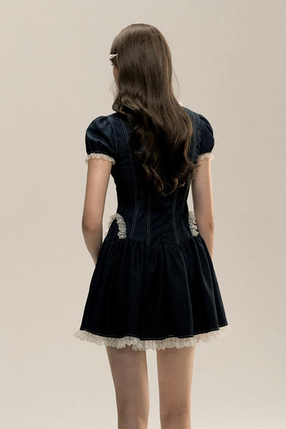 Denim Topstitch Square-Neck Pleated Dress