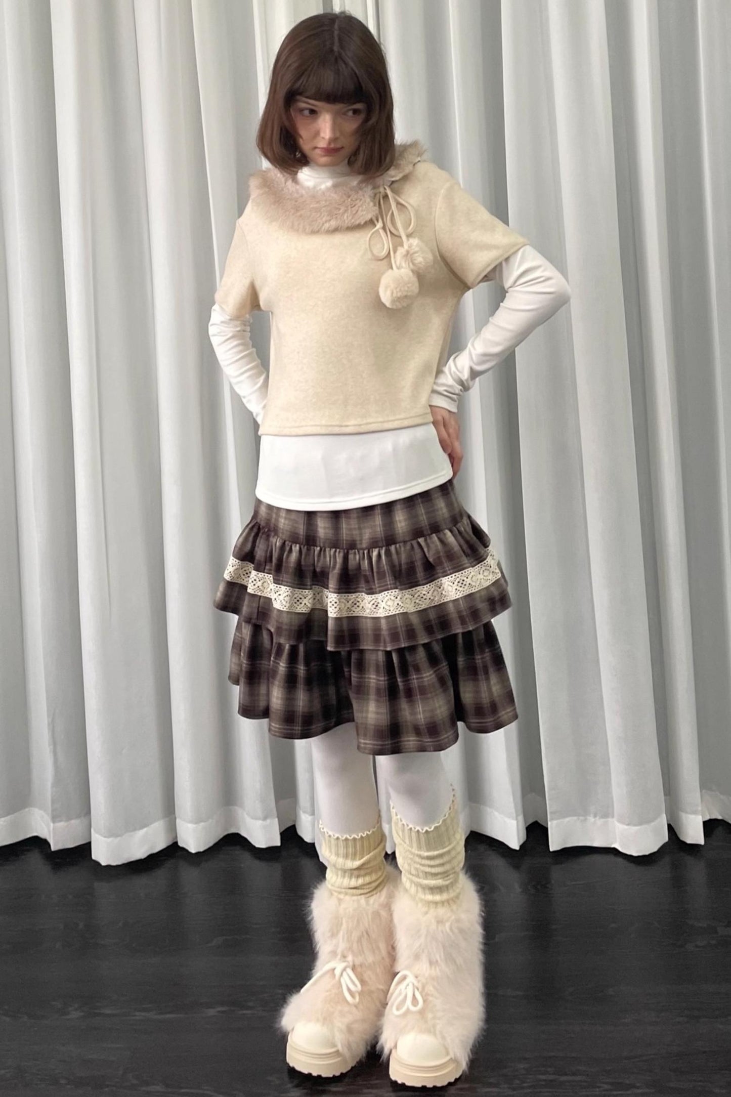 Beige Fur Collar Layered Top