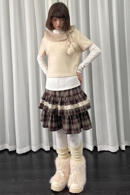 Beige Fur Collar Layered Top