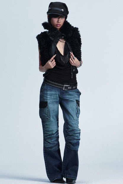 Distressed Denim Patch Pants