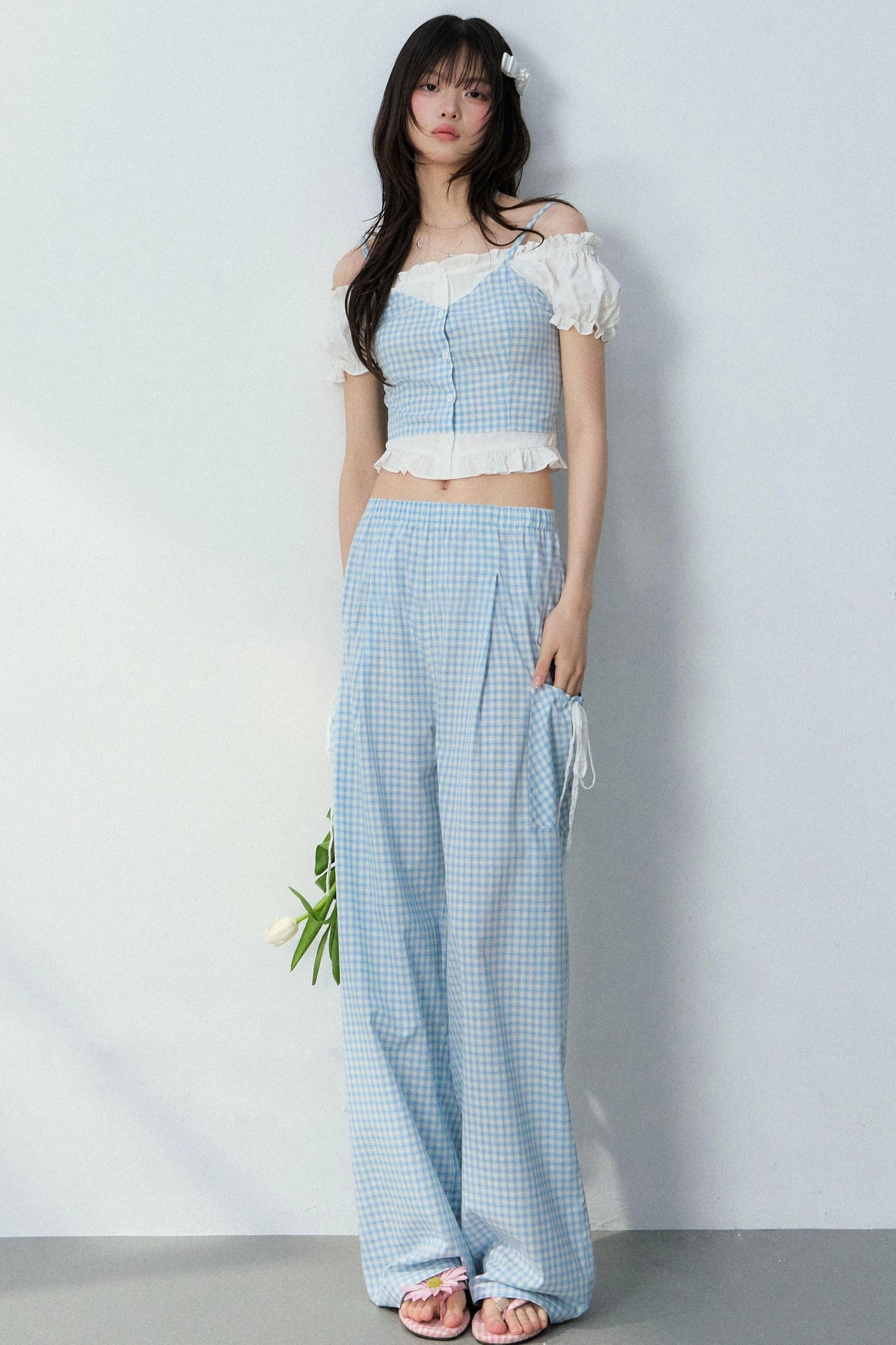 Blue Plaid Off-Shoulder Top Set-Up