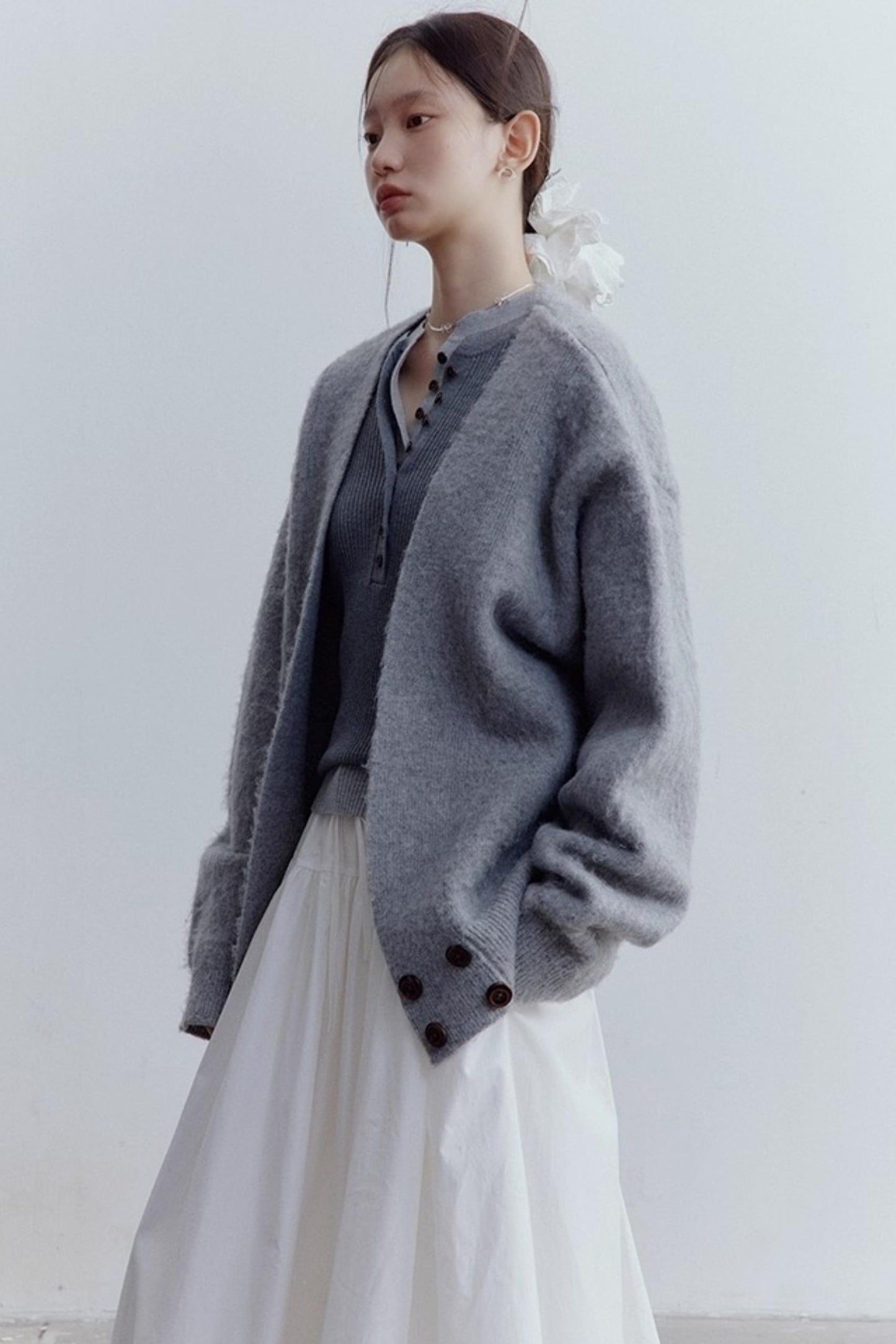 Misty Gray V-Neck Mohair Cardigan Coat