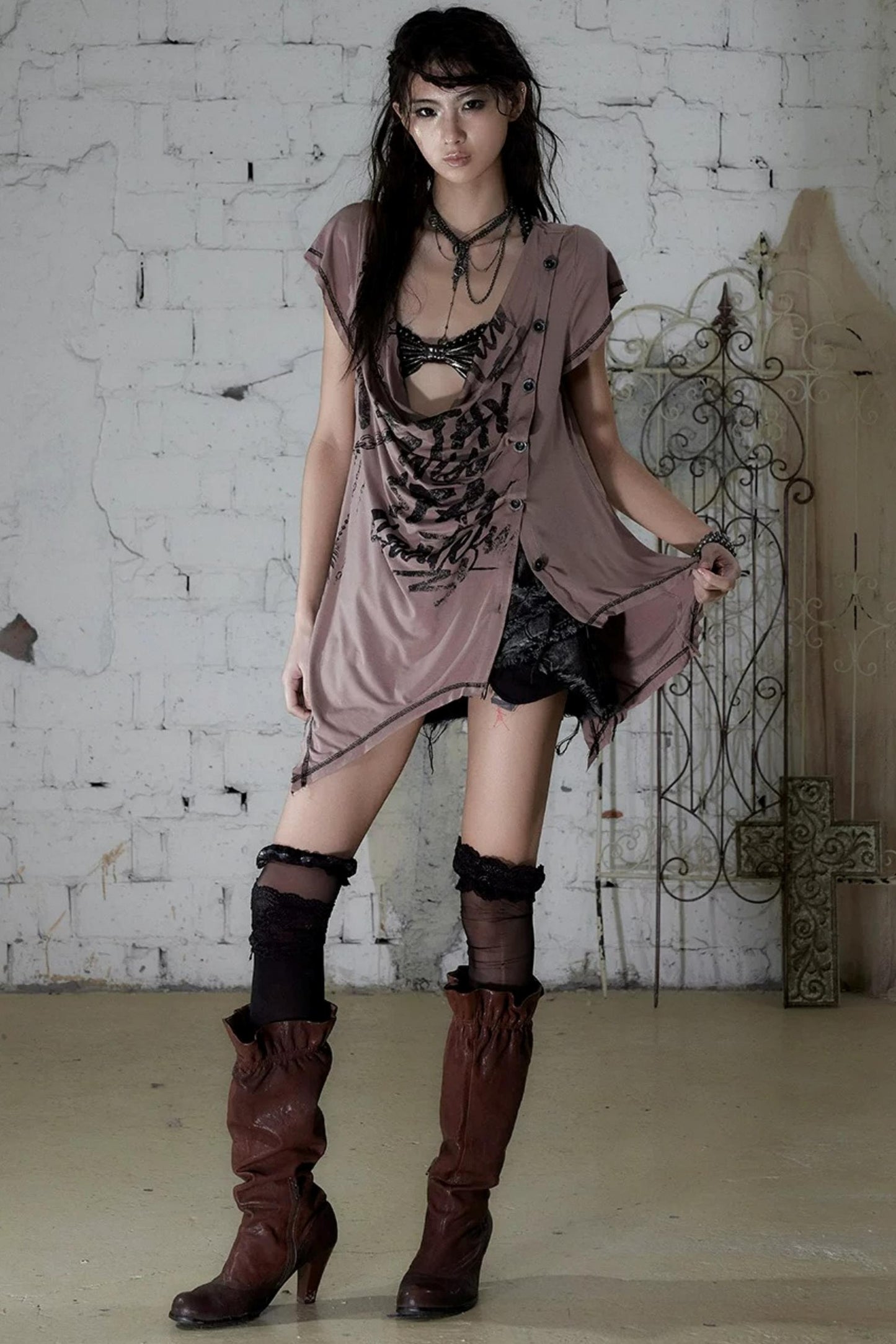 Punk Asymmetrical Neckline T-Shirt Set-Up