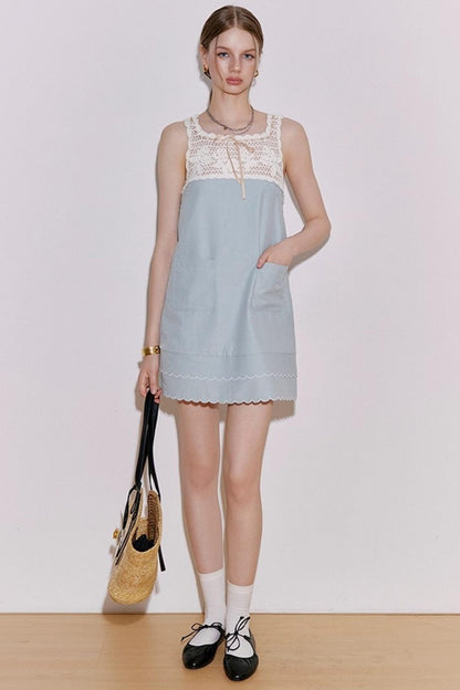 Blue Crochet Square Neck Dress