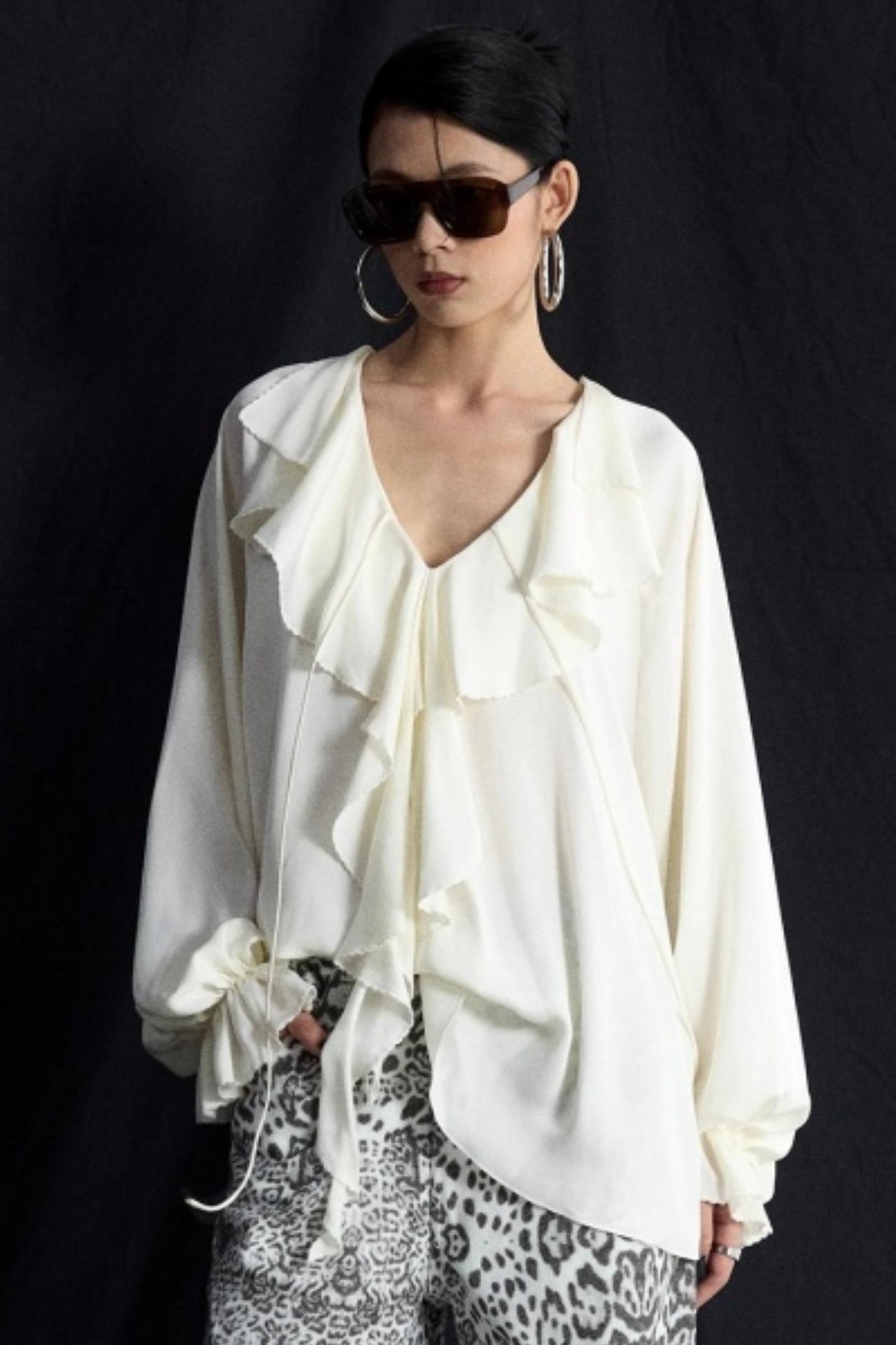 Draped V-Neck Ruffle Top