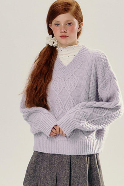 Purple V-Neck Pullover Knit Sweater