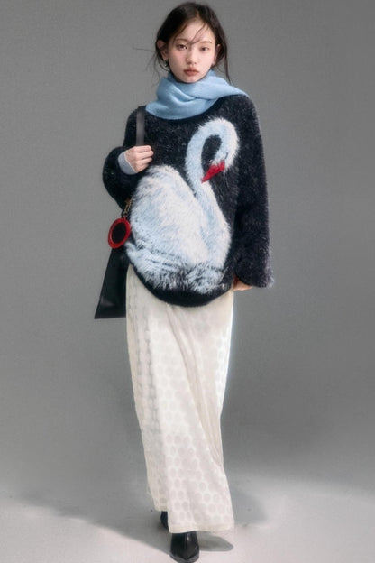 Moonlight Swan Faux Velvet Sweater