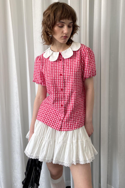 Red Plaid Lantern Sleeve Shirt