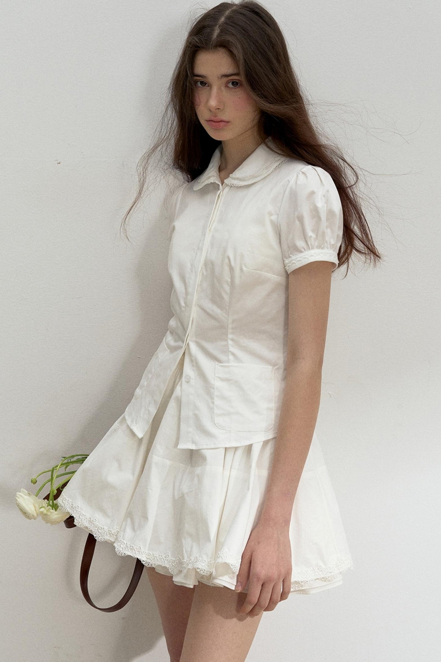 Lace-Collared Cotton Blouse Set-Up