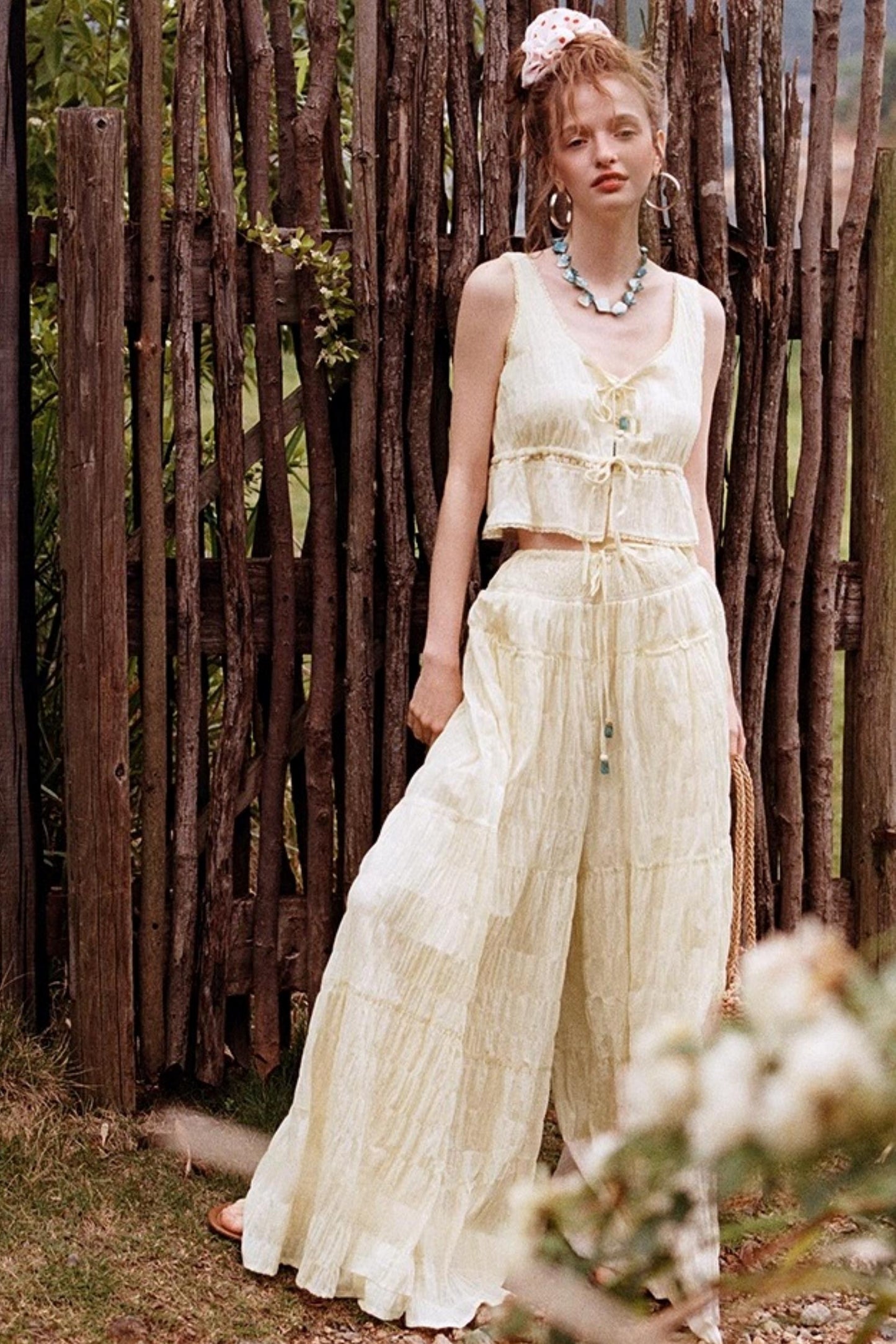 Beige Textured Lace Skirt Set-Up