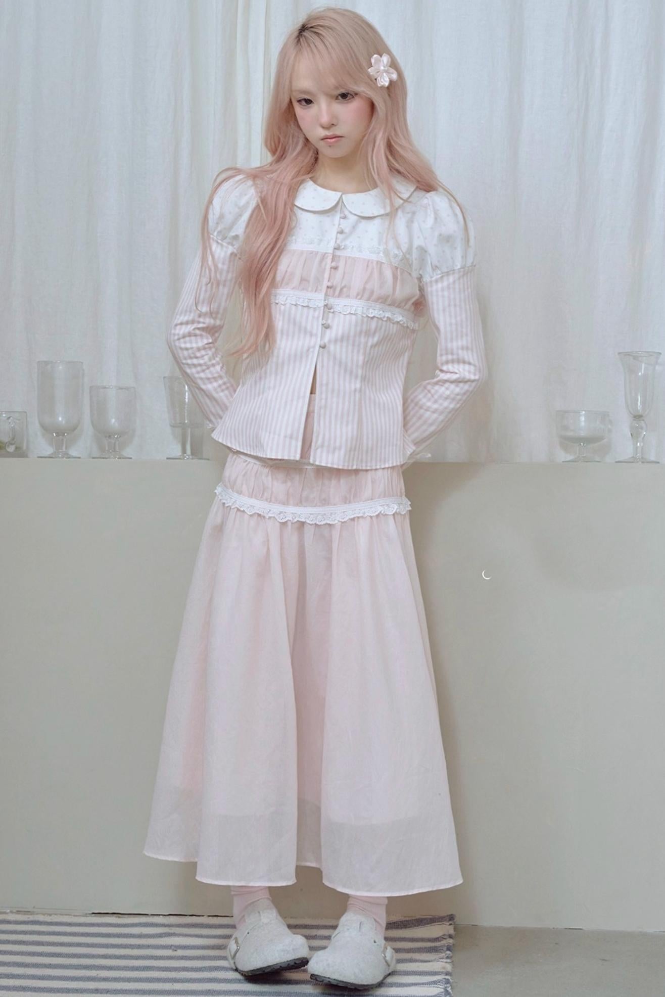Lace Pleated Panel Pink Long Skirt