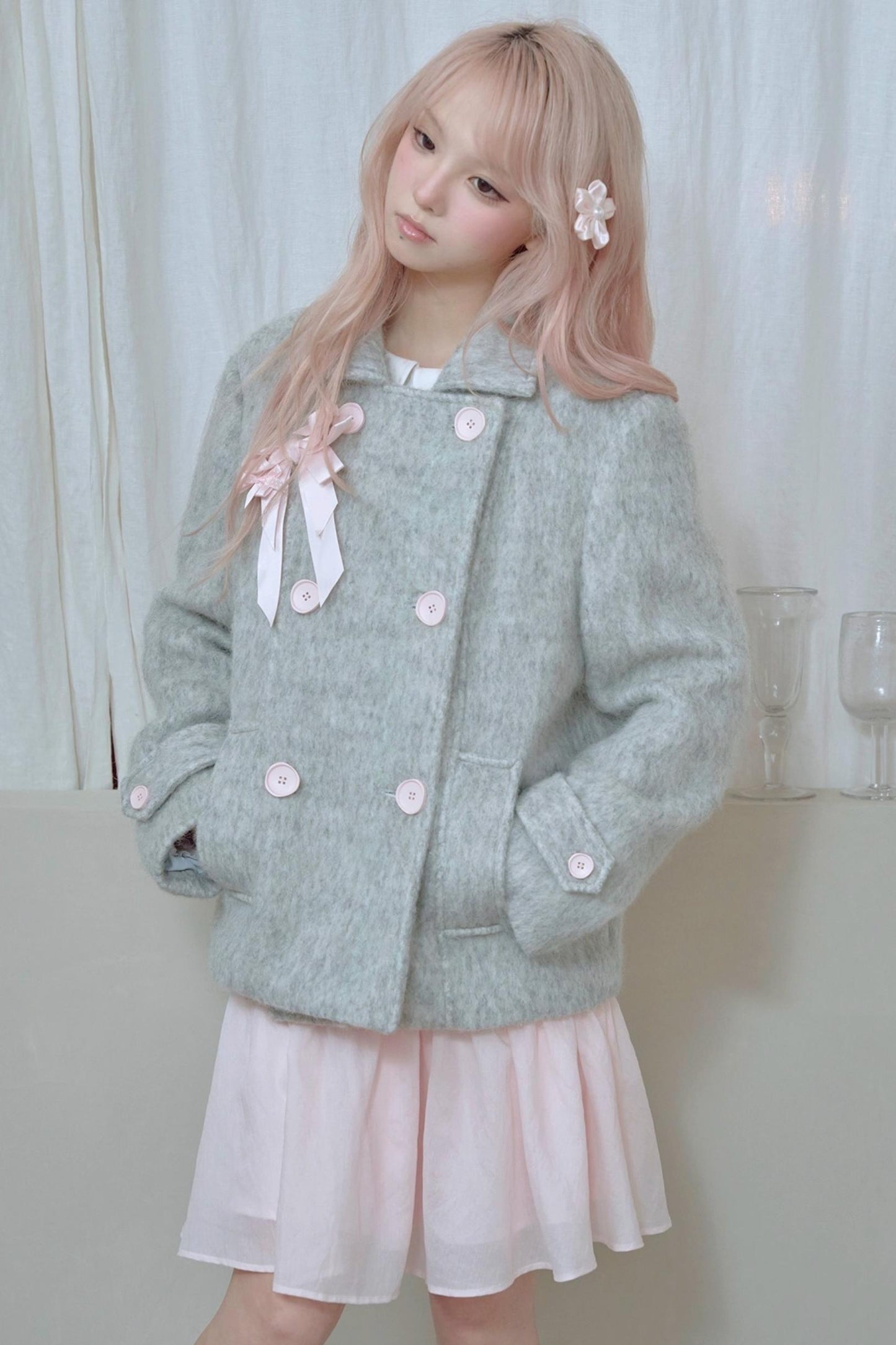 Light Grey Water Ripple Woolen Coat