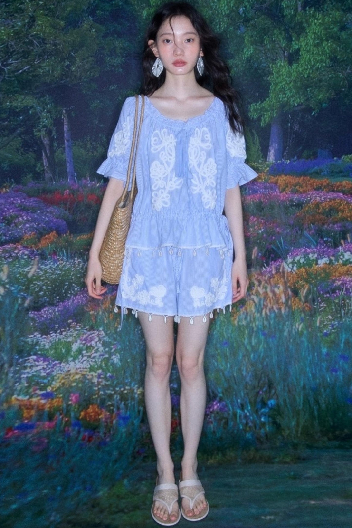 Island Flower Vine Striped Short Sleeve Top Shorts Set-Up