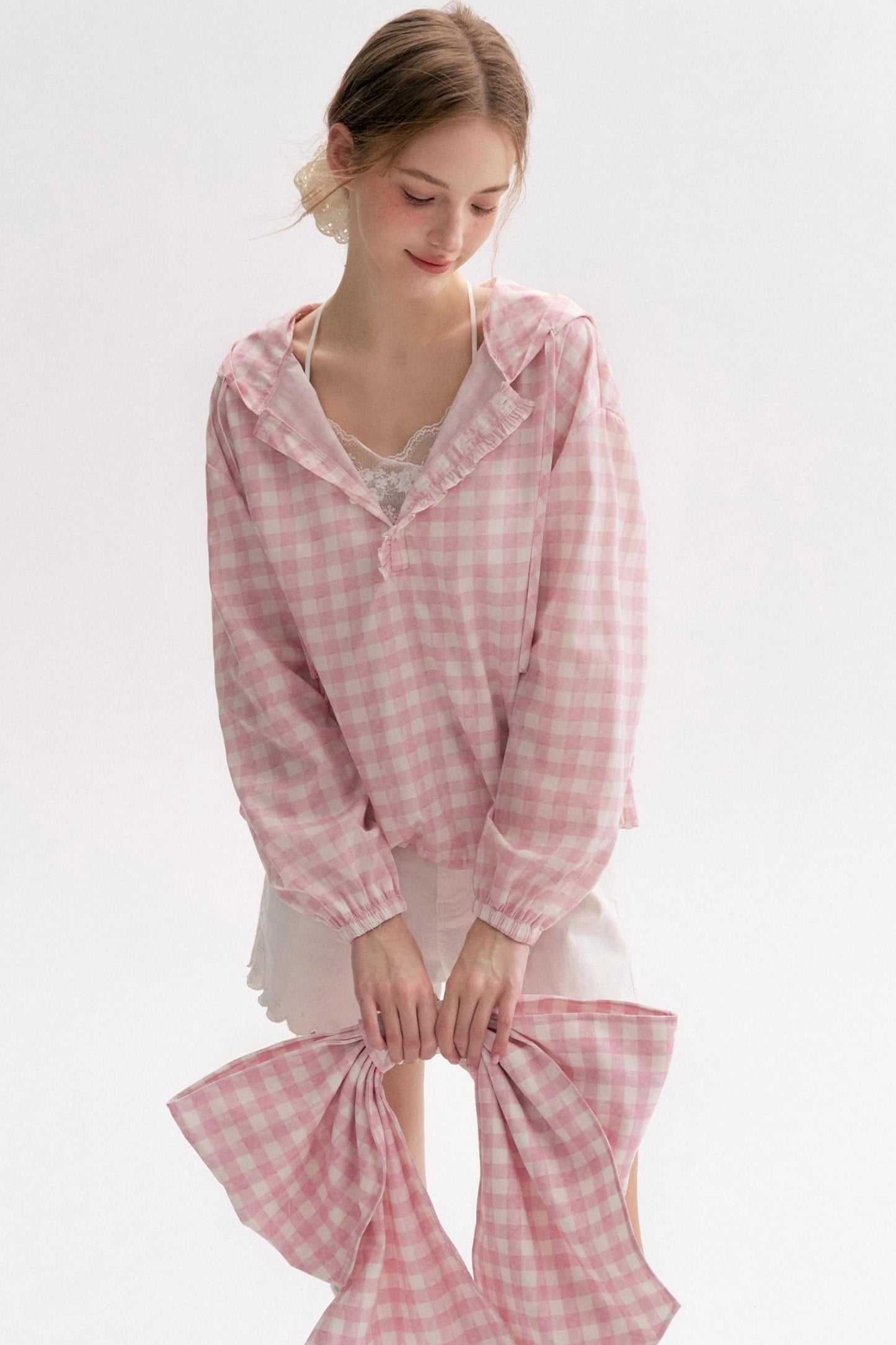 Cream Pink Plaid Lace Hooded Pullover Top
