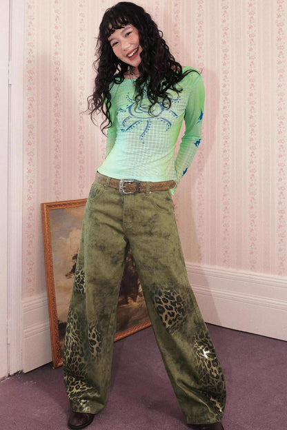Cotton Washed Leopard Print Denim Pants