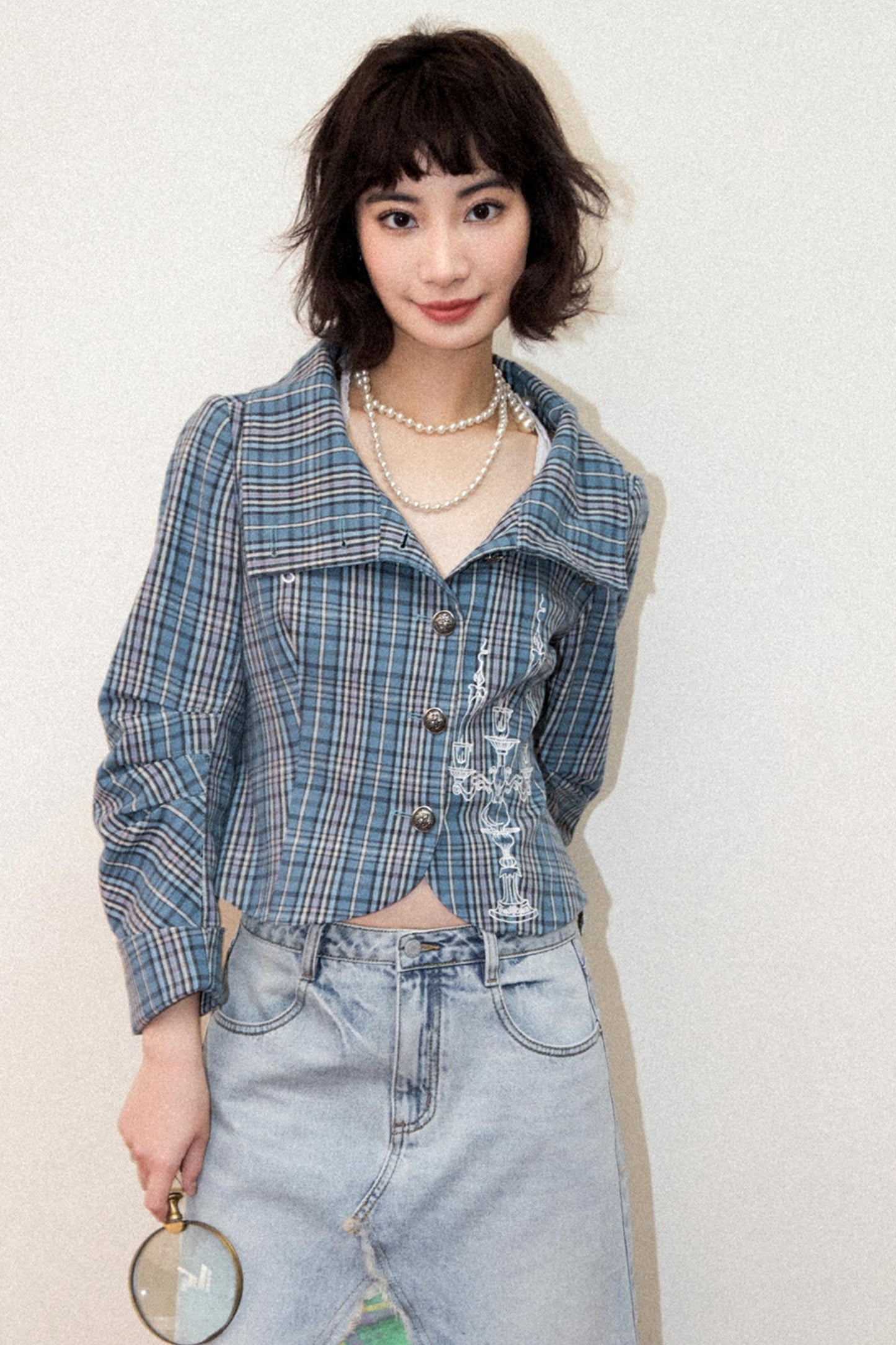 Plaid Embroidered Blazer Top