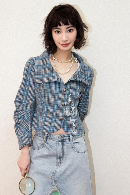 Plaid Embroidered Blazer Top