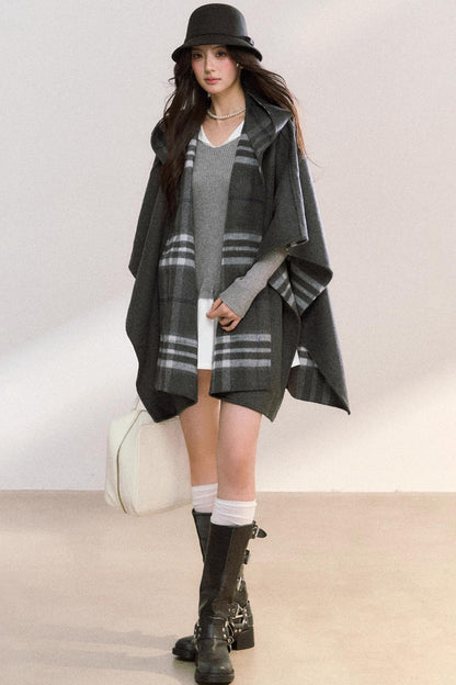 Gray Plaid Reversible Wool Cape Coat