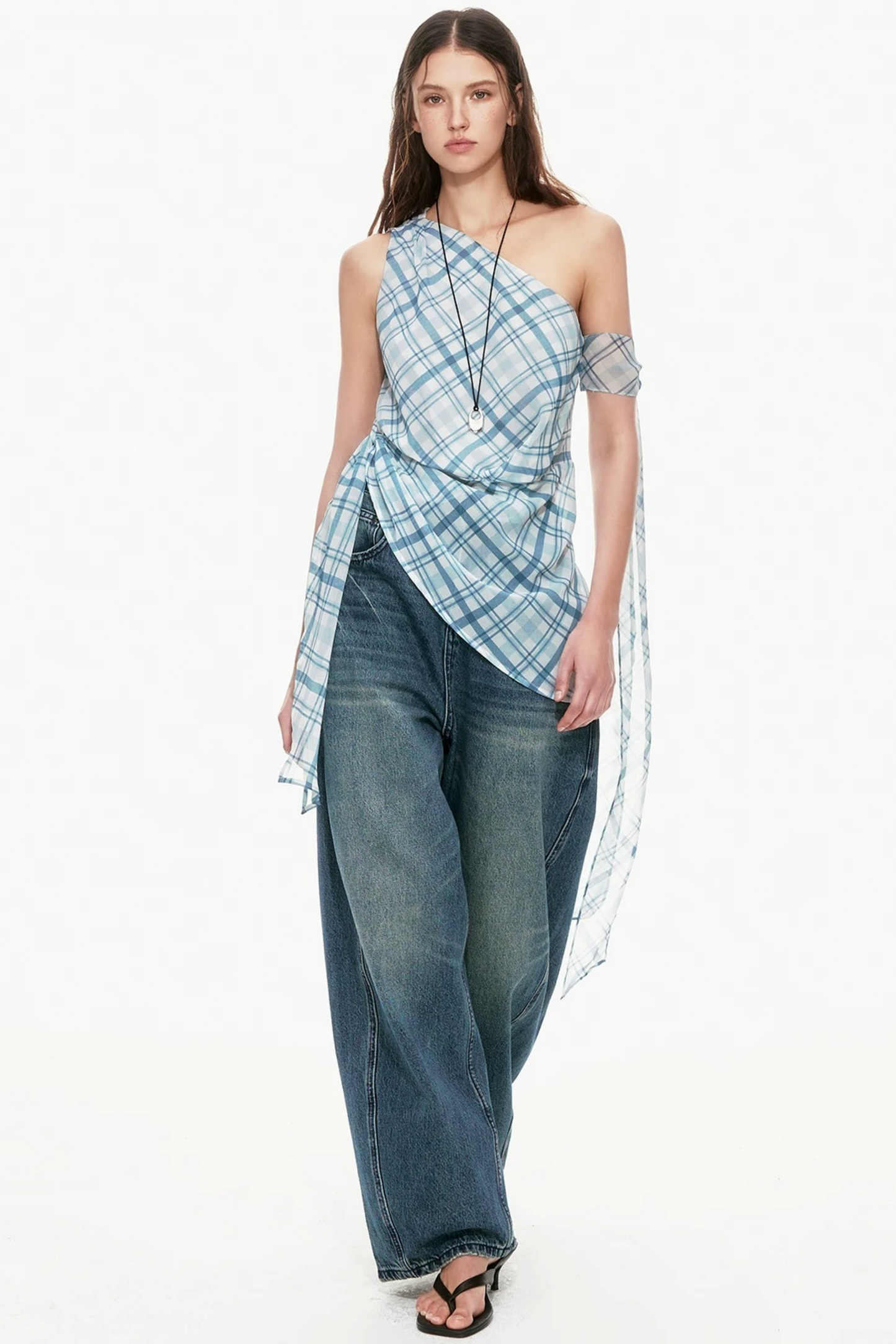 Blue Plaid One-Shoulder Vest