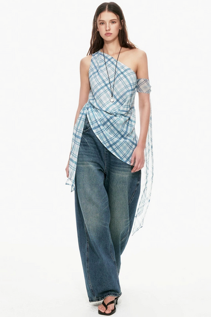 Blue Plaid One-Shoulder Vest