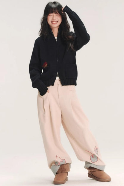 Hand-Painted Apple Embroidery Cardigan