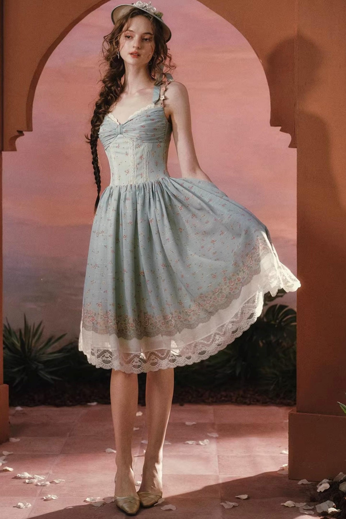 Green Floral Sweet Strap Dress