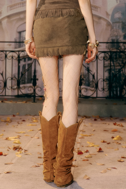 Retro Imitation Suede Tassel Skirt