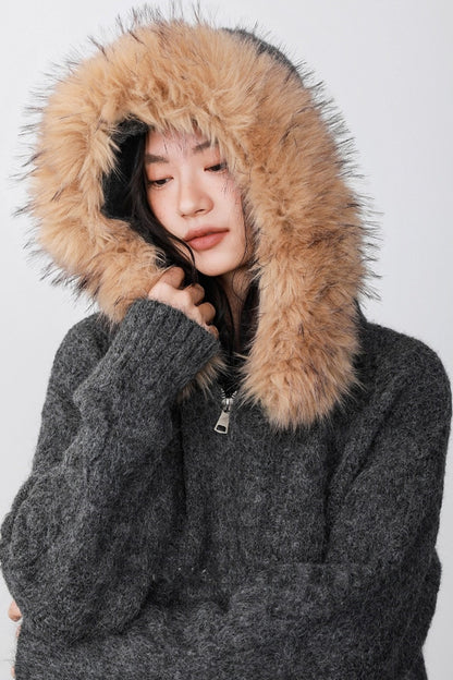 Fog Gray Fur Collar Hooded Jacket