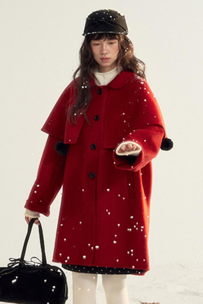 Detachable Cape Red Wool Coat