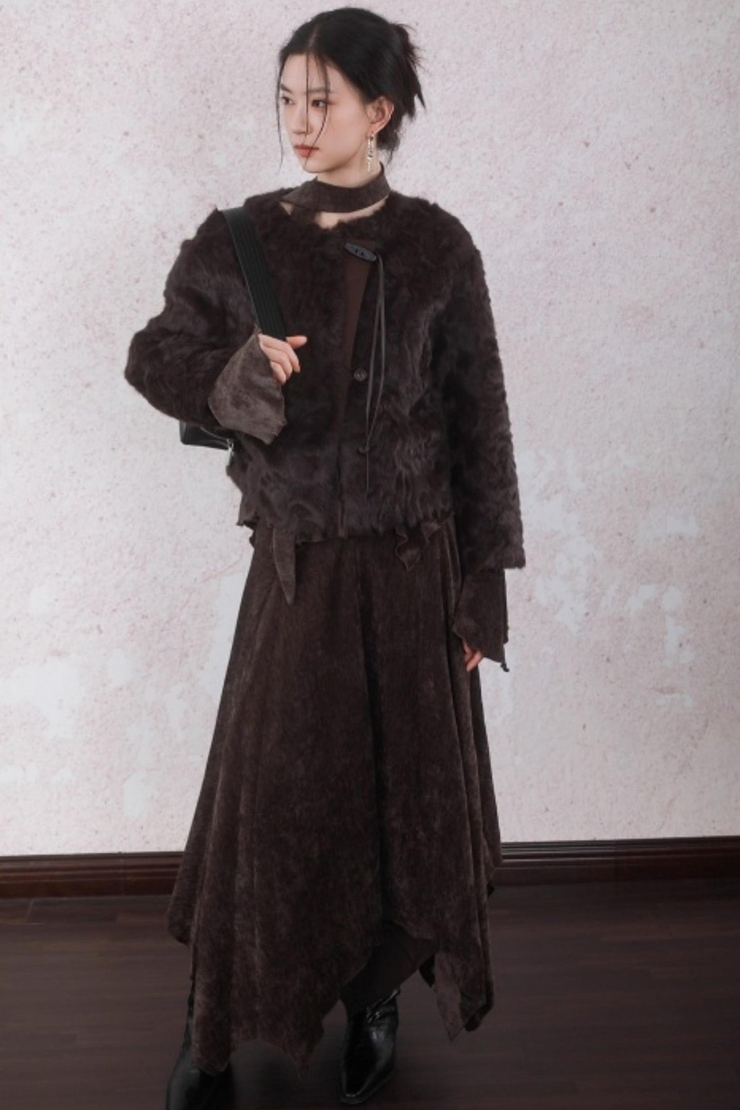 Curved Berry Brown Plush Jacket