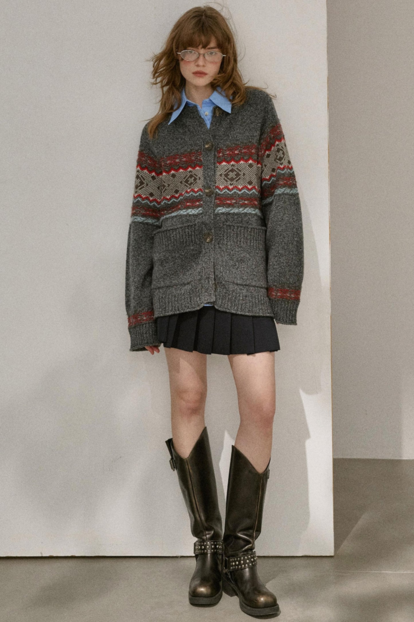 Fair Isle Knitted Gray Cardigan