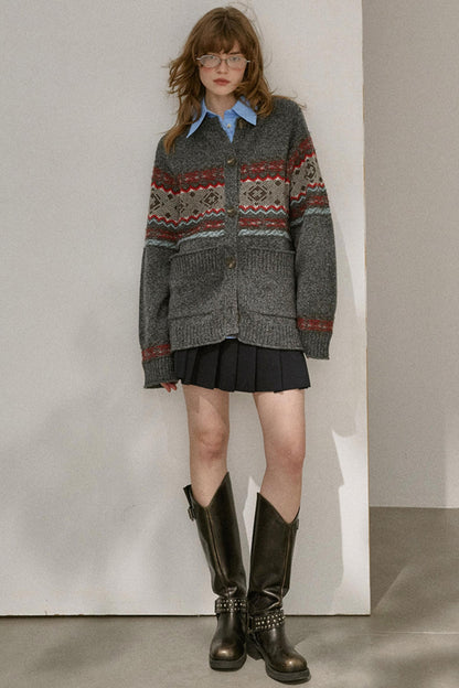 Fair Isle Knitted Gray Cardigan