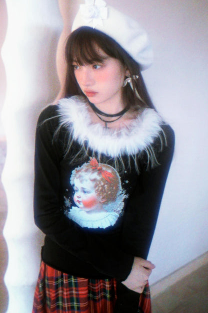 Vintage Angel Print Fur Collar Long Sleeve T-Shirt