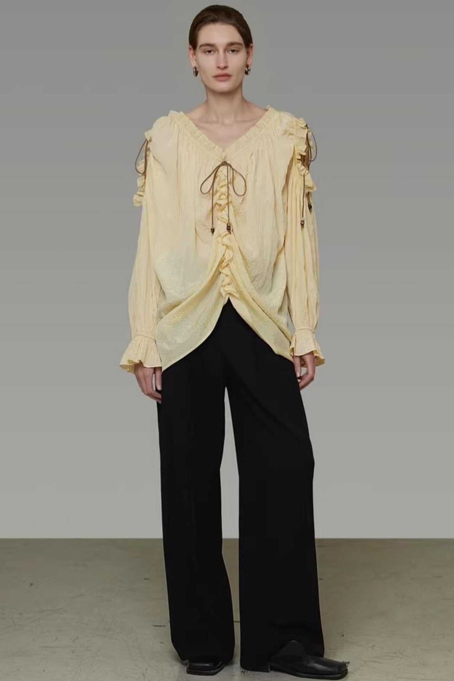 Drawstring Bead V-Neck Shirt