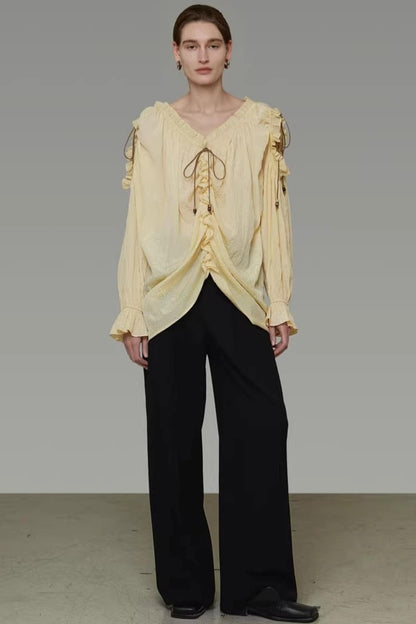 Drawstring Bead V-Neck Shirt