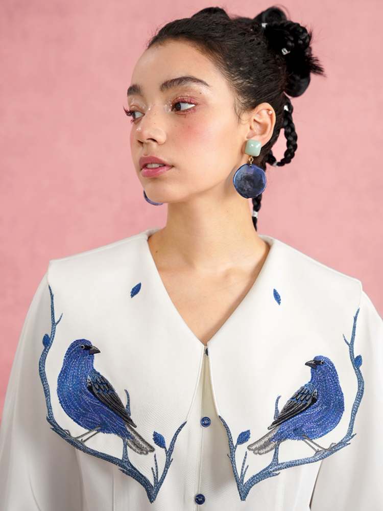 Blue Bird Embroidery Blouse