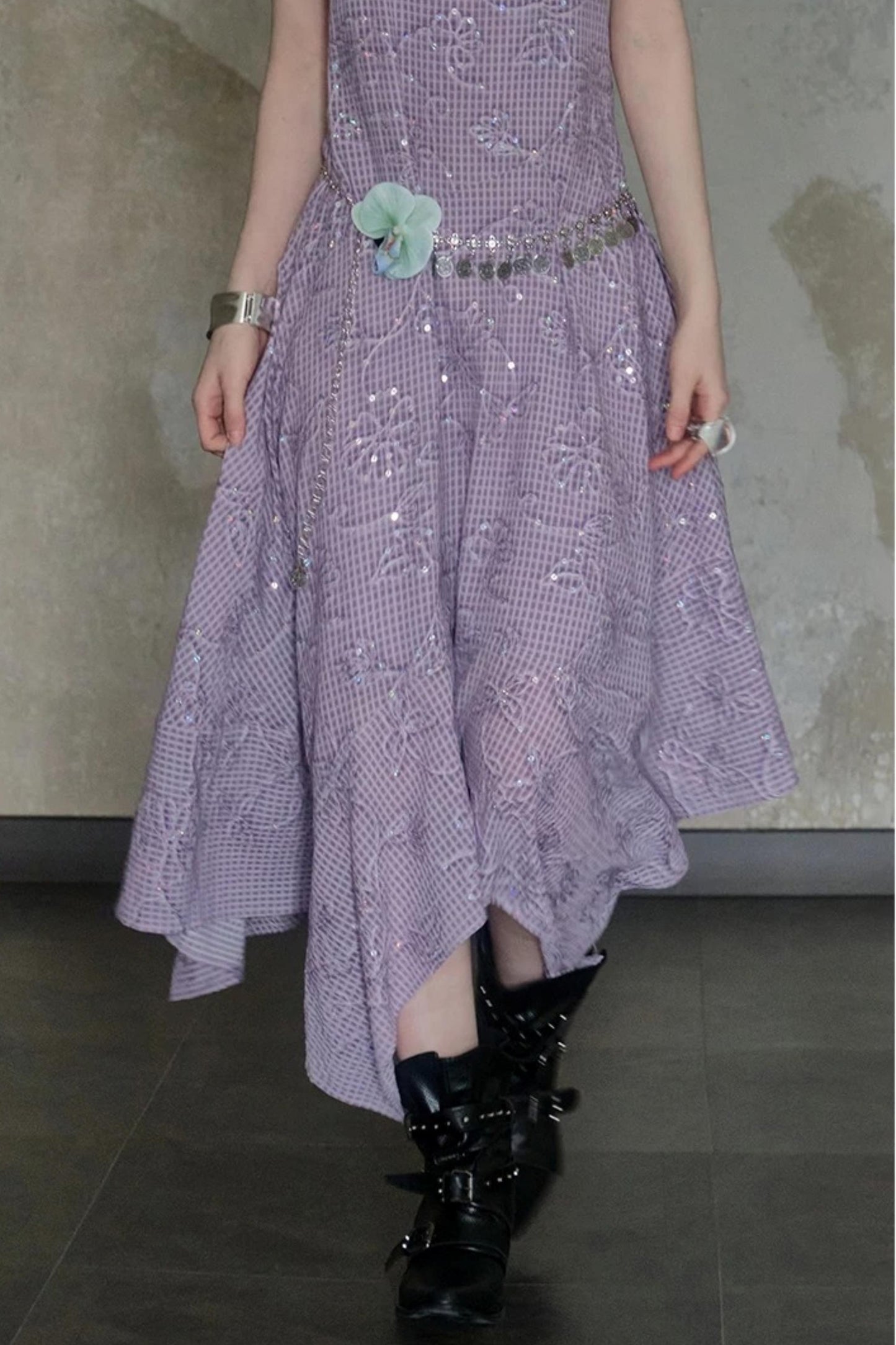Sequin Embroidered Plaid Dress