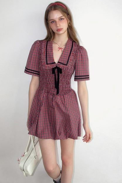 Plaid V-neck Bow Bubble A-Line Bud Dress