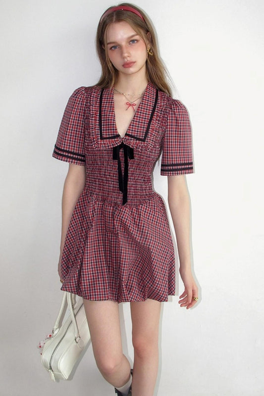Plaid V-neck Bow Bubble A-Line Bud Dress