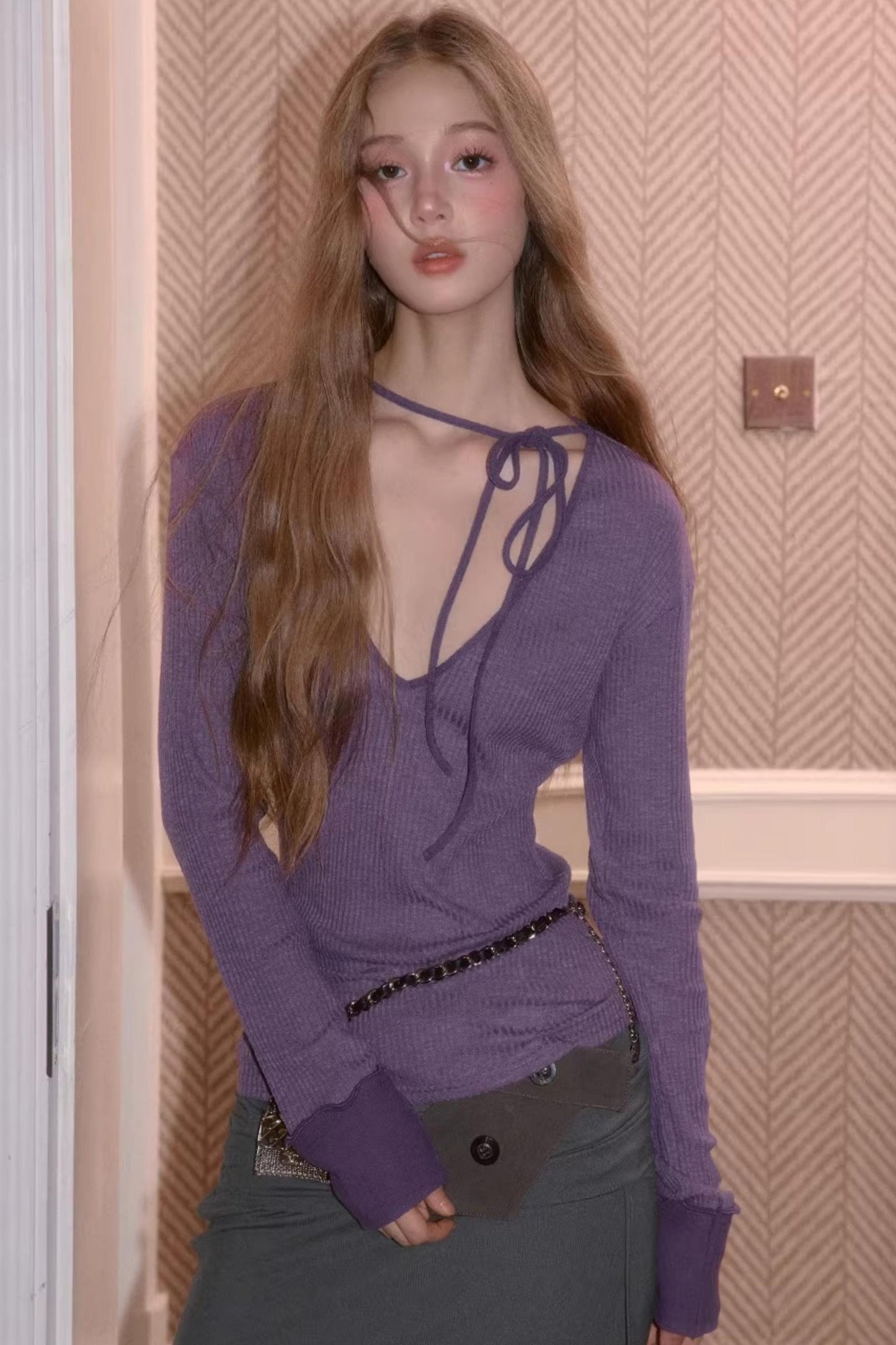 Sweet Tie V-Neck Blouse Top