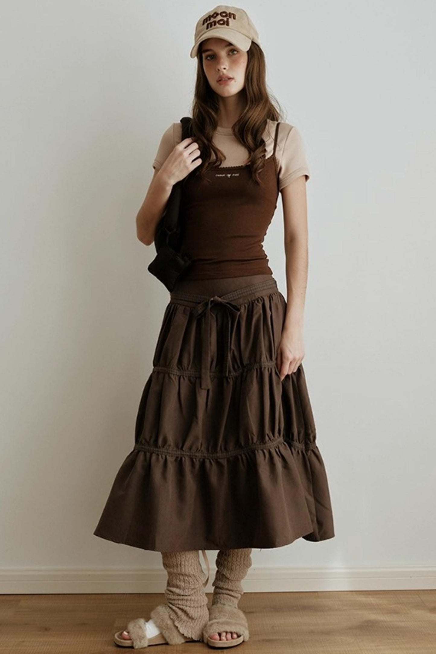 American Retro Suede Spliced Belt Umbrella Skirt